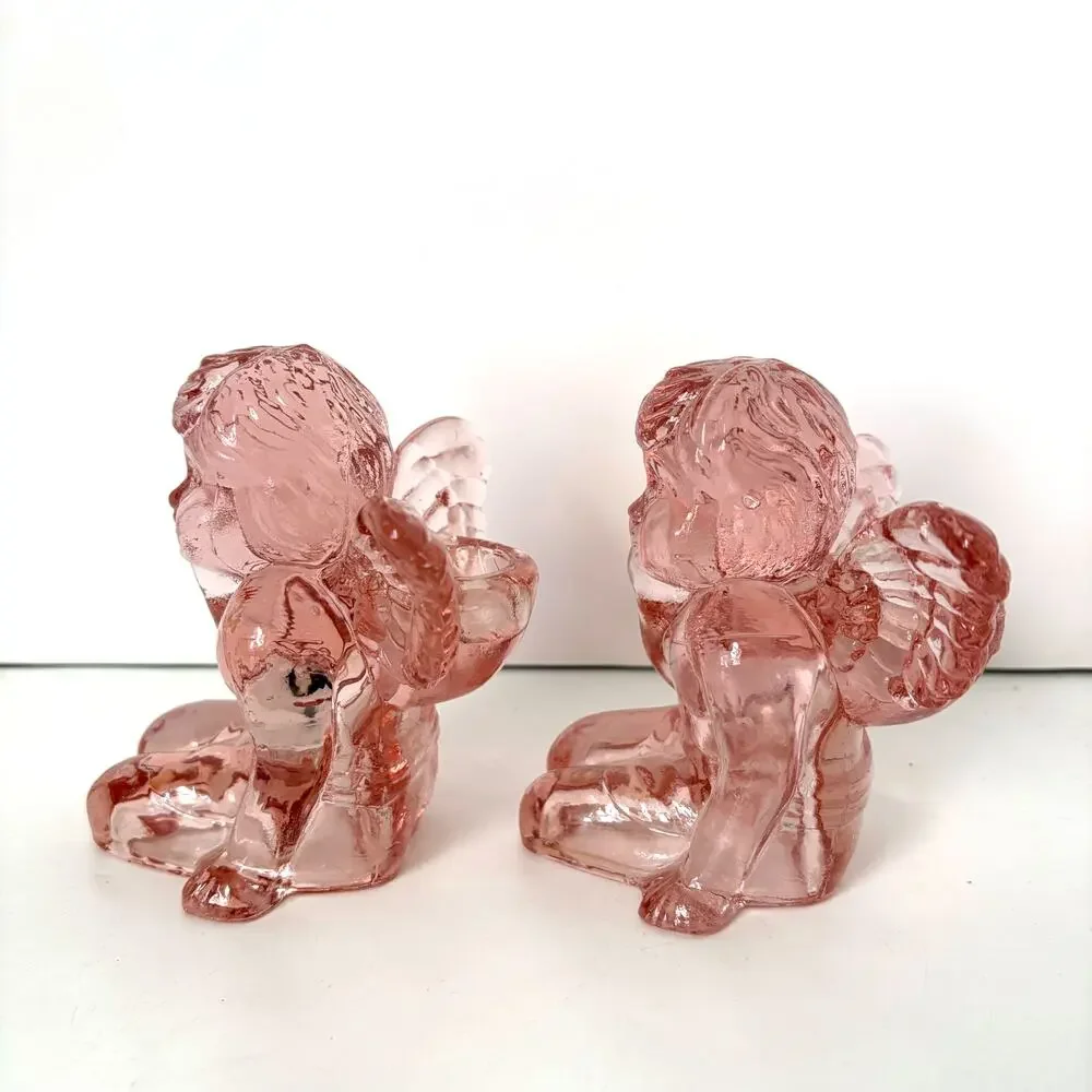 Vintage 1960s Pink Pressed Glass Cherub Angel Candle Holders Set of 2